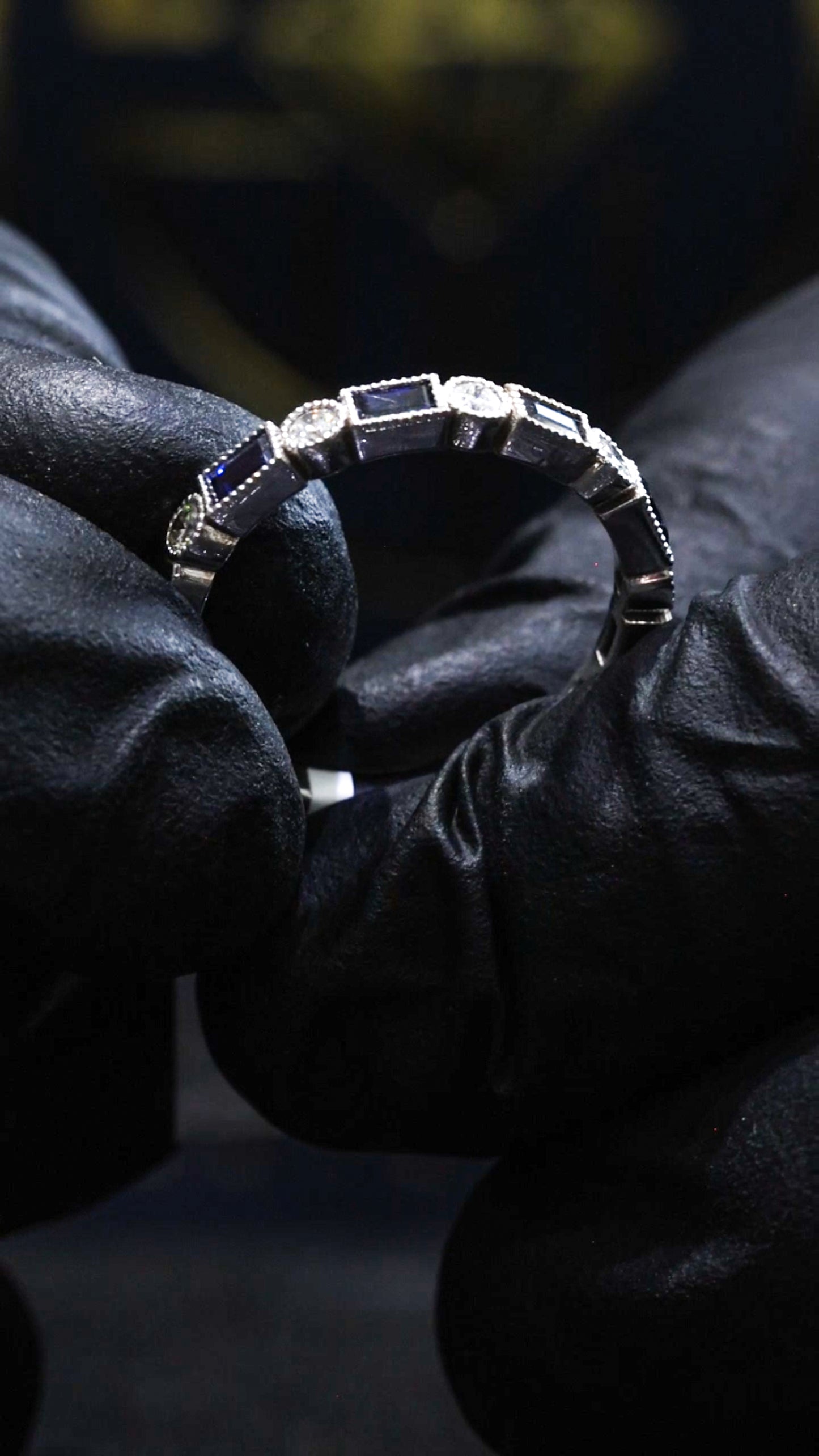 Bezel Blue Sapphire & Diamond Half Eternity Band in White Gold | .50 CTW