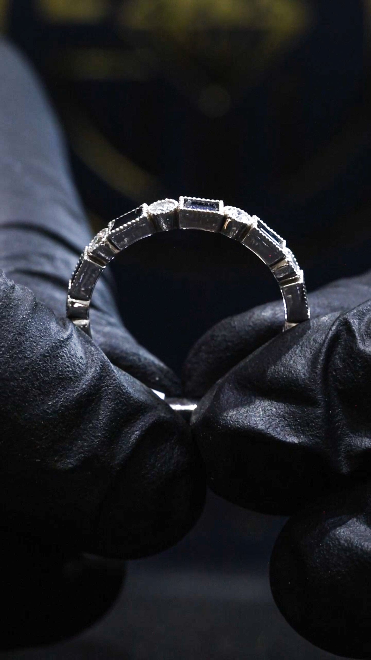 Bezel Blue Sapphire & Diamond Half Eternity Band in White Gold | .50 CTW