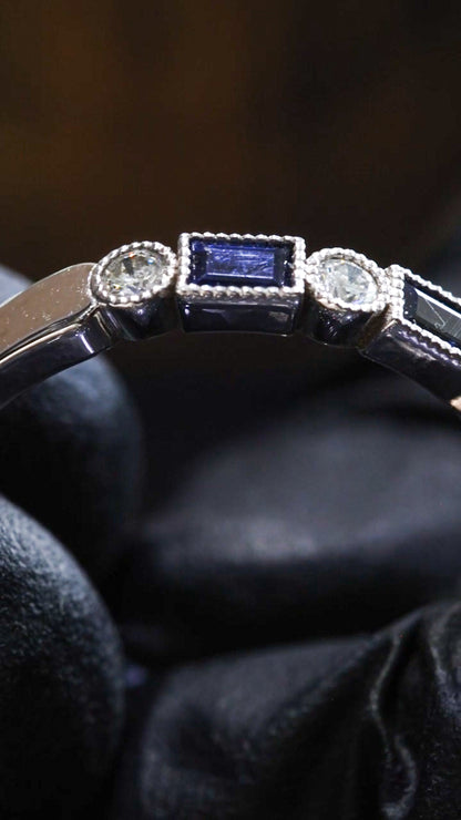 Bezel Blue Sapphire & Diamond Half Eternity Band in White Gold | .50 CTW