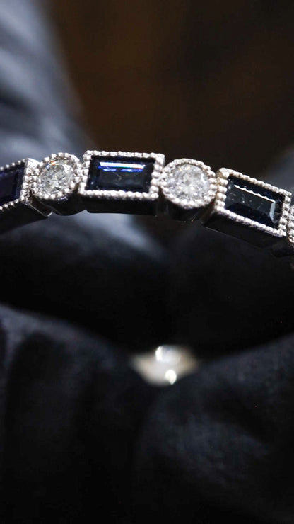 Bezel Blue Sapphire & Diamond Half Eternity Band in White Gold | .50 CTW