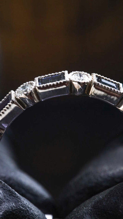Bezel Blue Sapphire & Diamond Half Eternity Band in White Gold | .50 CTW