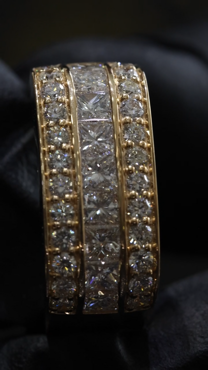 Princess Cut & Round Diamond Triple Row Band in 14k Yellow Gold | 1.79 CTW