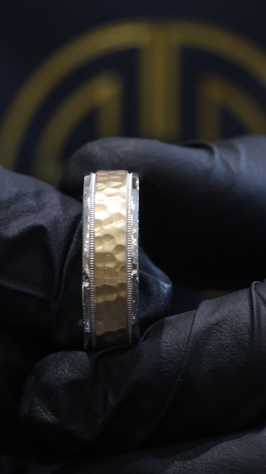 Men’s Hammered Two-Tone Wedding Band in White & Yellow Gold