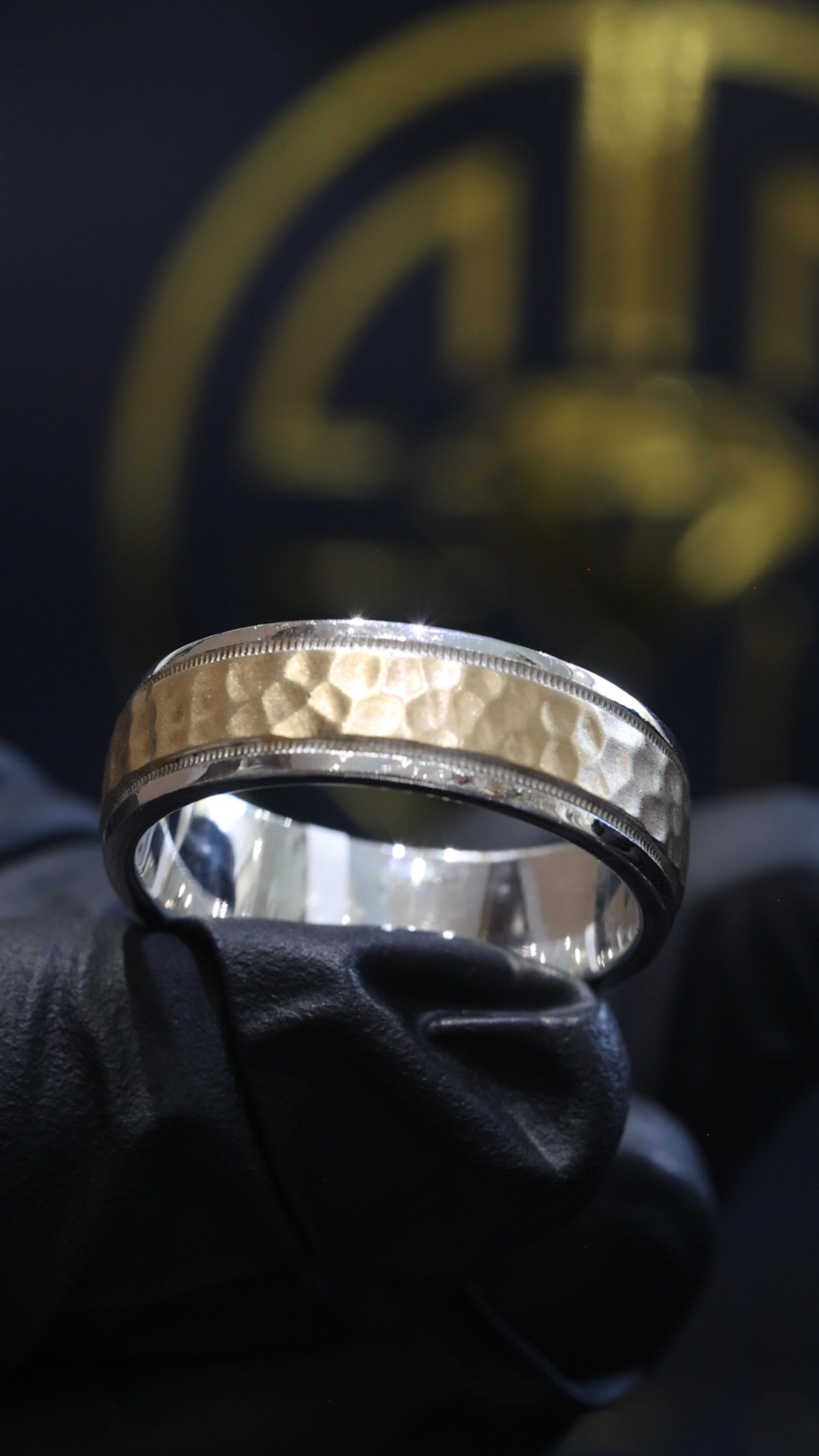 Men’s Hammered Two-Tone Wedding Band in White & Yellow Gold