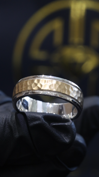 Men’s Hammered Two-Tone Wedding Band in White & Yellow Gold