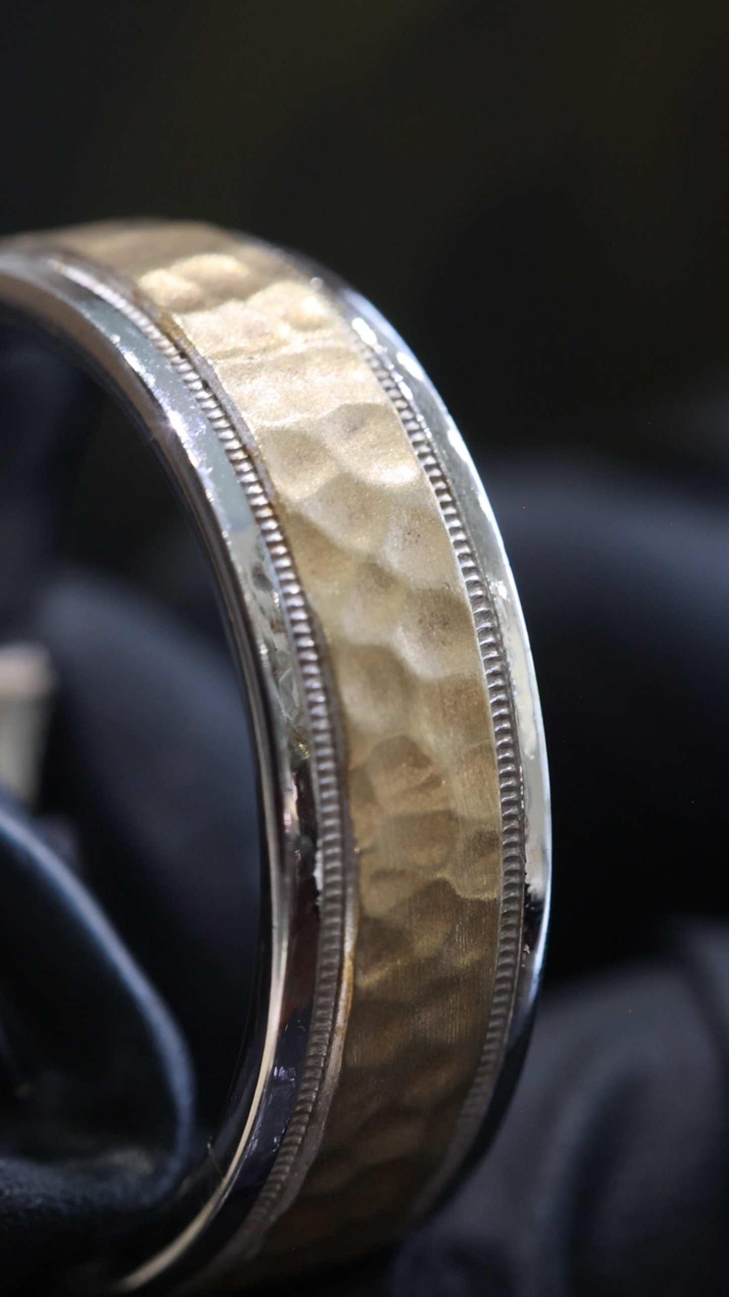 Men’s Hammered Two-Tone Wedding Band in White & Yellow Gold