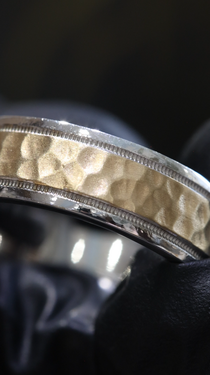 Men’s Hammered Two-Tone Wedding Band in White & Yellow Gold