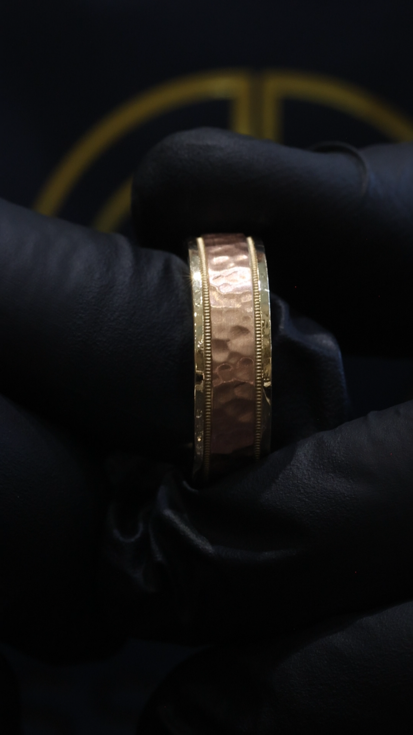 Men’s Hammered Two-Tone Wedding Band in Yellow & Rose Gold