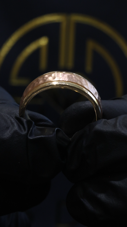 Men’s Hammered Two-Tone Wedding Band in Yellow & Rose Gold