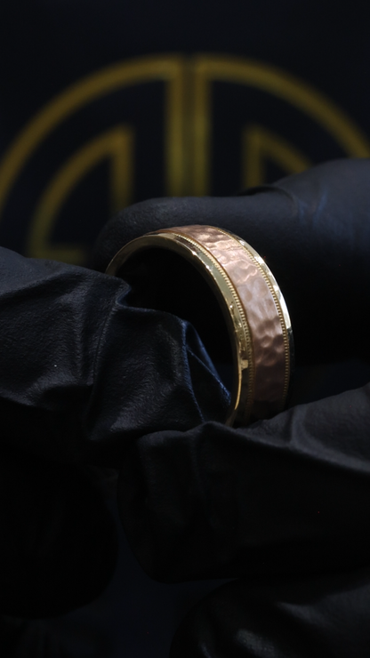 Men’s Hammered Two-Tone Wedding Band in Yellow & Rose Gold