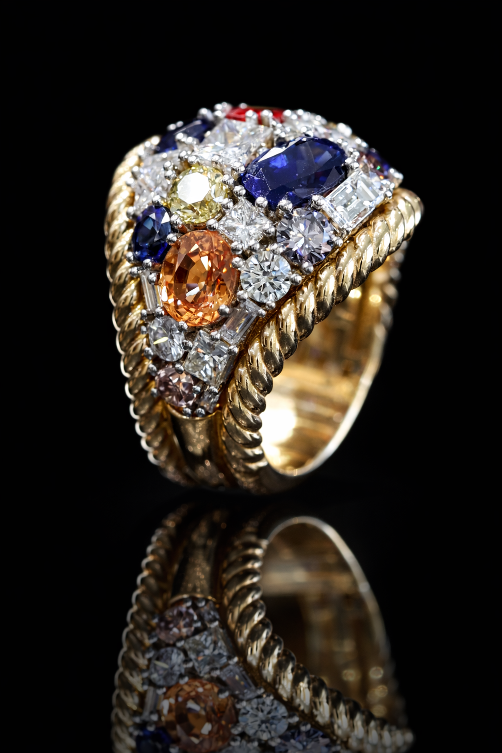 Multi Sapphire & Fancy Color Diamond Dome Ring 14K Houston Jeweler Lab-Grown 