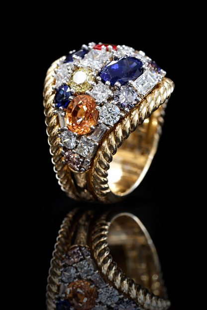 Multi Sapphire & Fancy Color Diamond Dome Ring 14K Houston Jeweler Lab-Grown 
