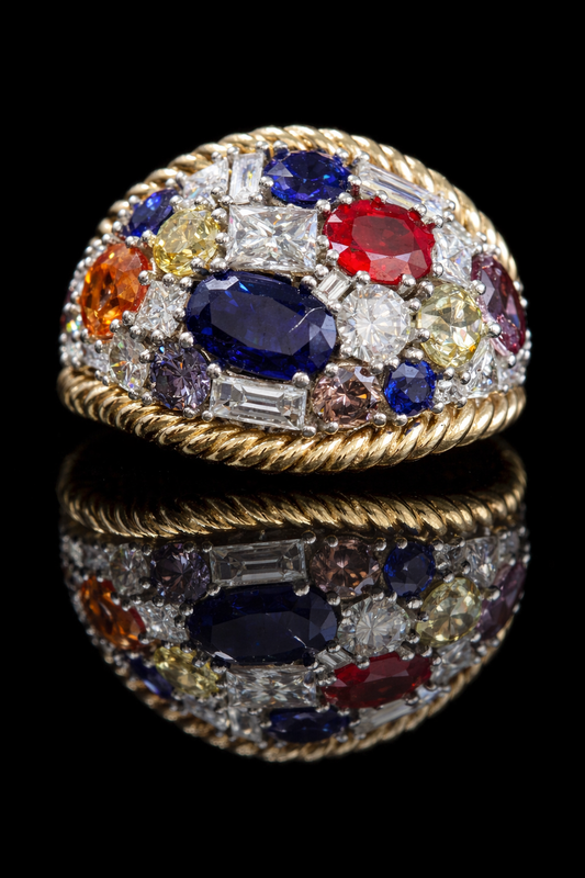 Multi Sapphire & Fancy Color Diamond Dome Ring 14K Houston Jeweler Lab-Grown 