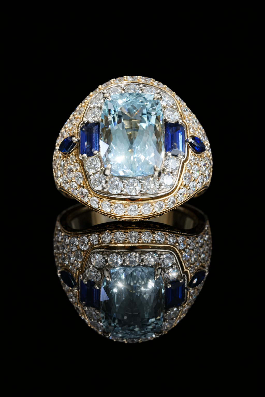 Natural Aquamarine & Sapphire Halo Statement Ring 14K White Gold | 5.88 CT houston jeweler