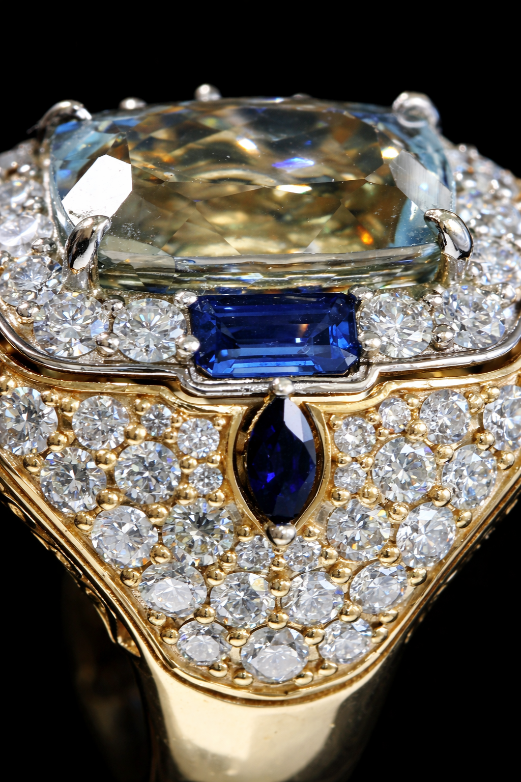 Natural Aquamarine & Sapphire Halo Statement Ring 14K White Gold | 5.88 CT houston jeweler
