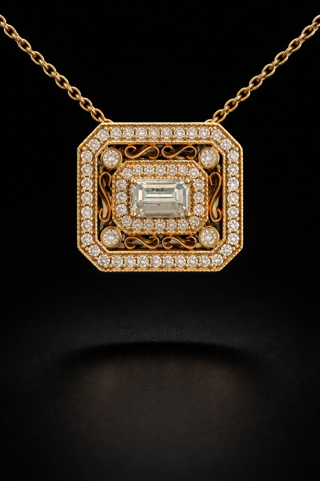 Natural Diamond Emerald-Cut Filigree Pendant Necklace in Yellow Gold | Vintage Luxury Design