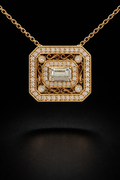 Natural Diamond Emerald-Cut Filigree Pendant Necklace in Yellow Gold | Vintage Luxury Design