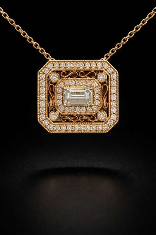 Natural Diamond Emerald-Cut Filigree Pendant Necklace in Yellow Gold | Vintage Luxury Design
