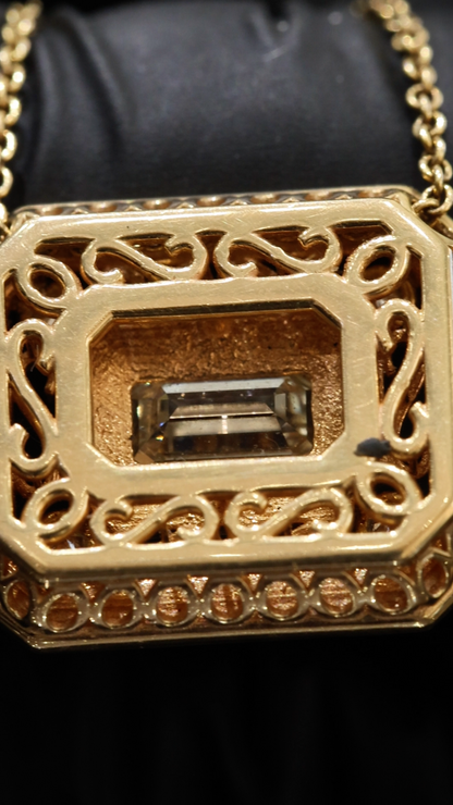 Natural Diamond Emerald-Cut Filigree Pendant Necklace in Yellow Gold | Vintage Luxury Design