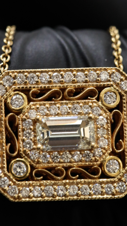 Natural Diamond Emerald-Cut Filigree Pendant Necklace in Yellow Gold | Vintage Luxury Design