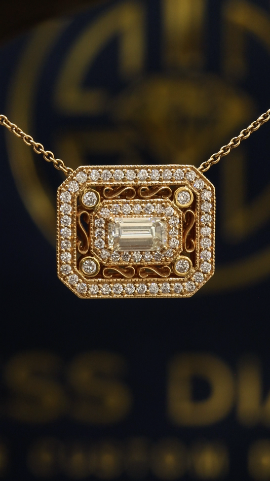 Natural Diamond Emerald-Cut Filigree Pendant Necklace in Yellow Gold | Vintage Luxury Design