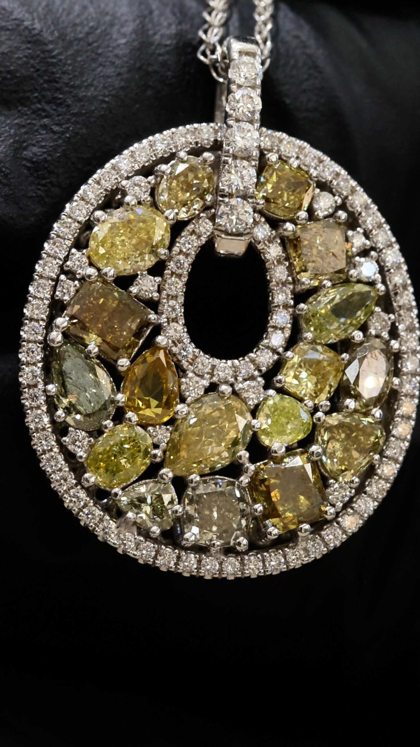 Natural Fancy Yellow & White Diamond Open Circle Pendant in White Gold | Multi-Shape Halo Design