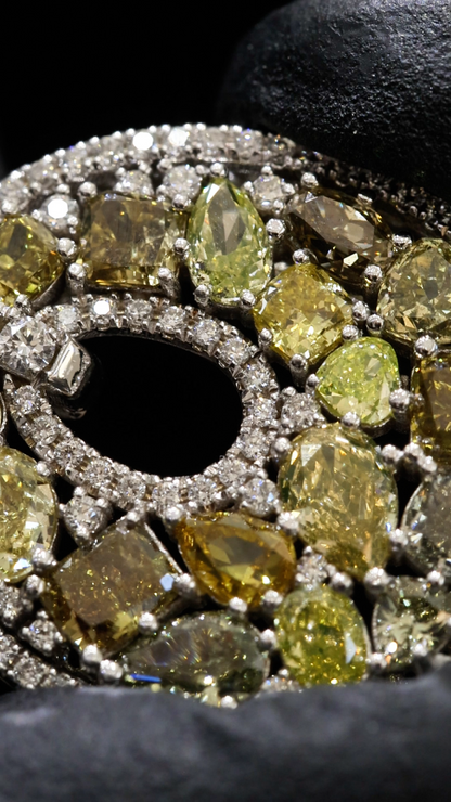 Natural Fancy Yellow & White Diamond Open Circle Pendant in White Gold | Multi-Shape Halo Design