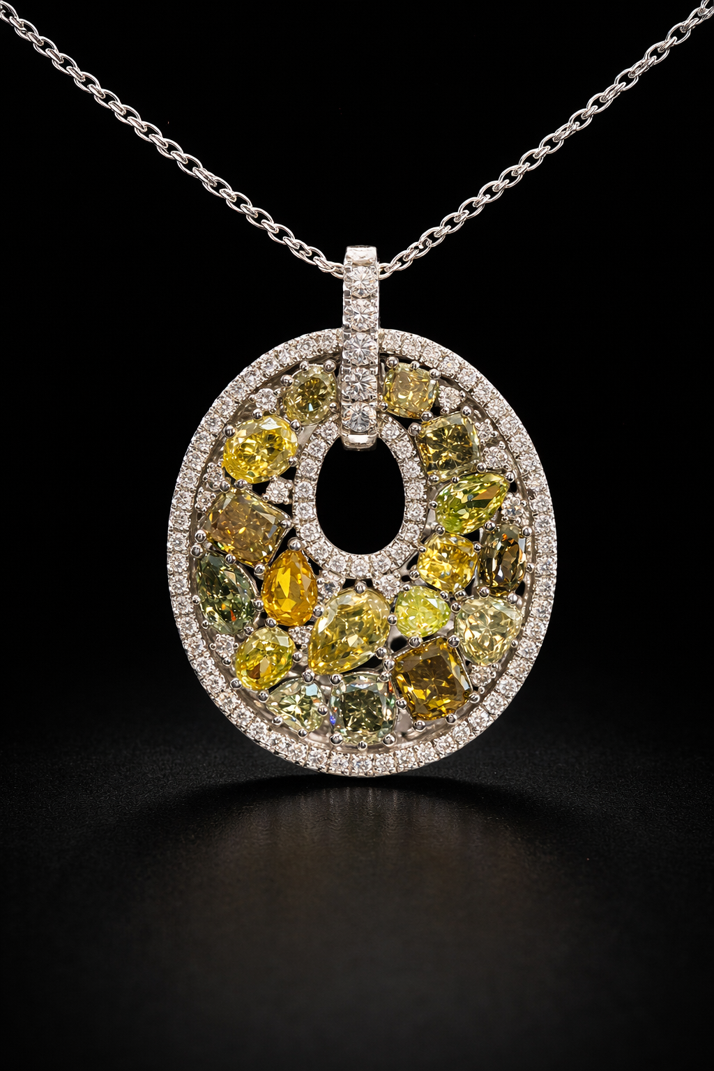 Natural Fancy Yellow & White Diamond Open Circle Pendant in White Gold | Multi-Shape Halo Design