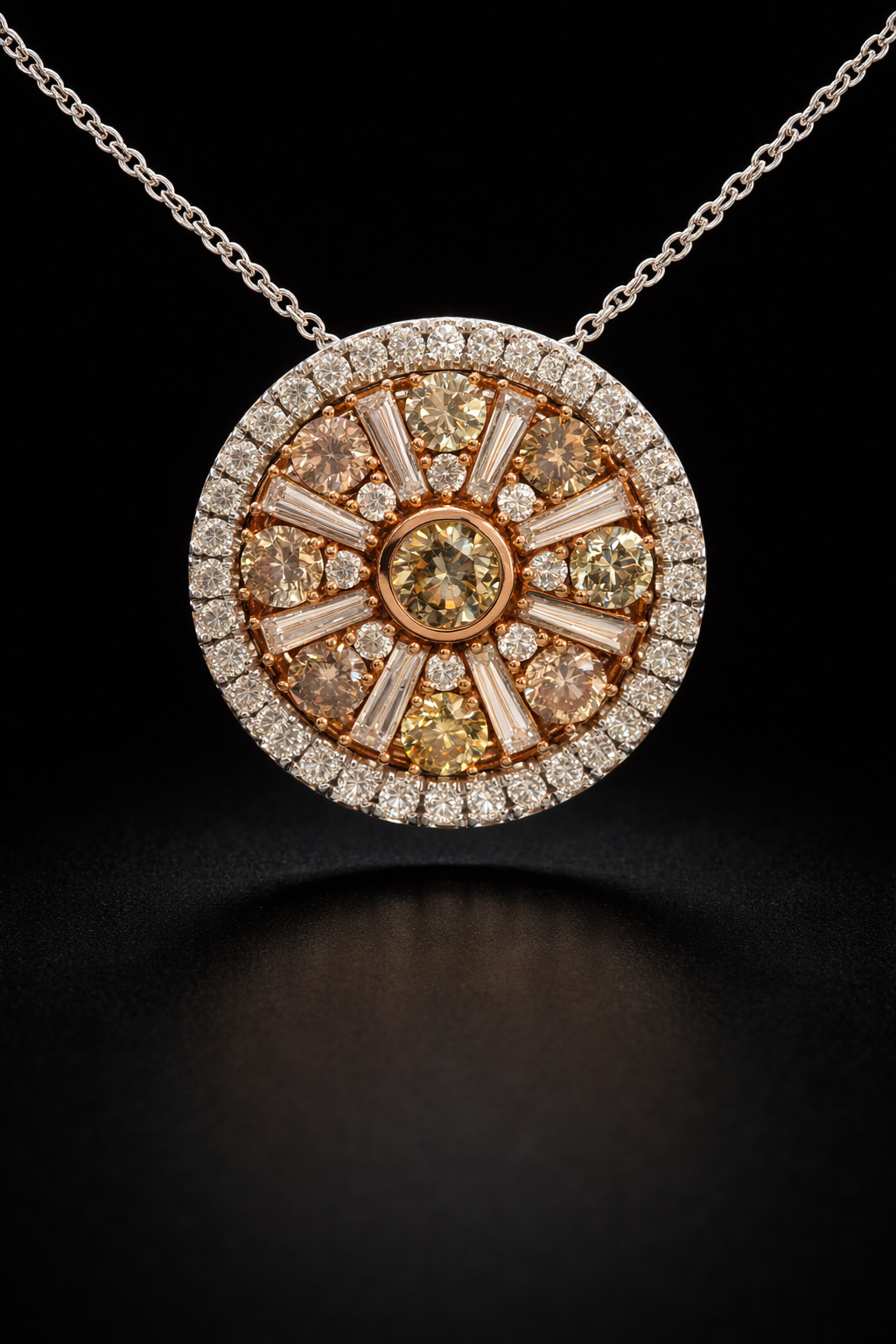Natural Fancy Yellow Diamond Halo Medallion Pendant in Two-Tone Gold | Radiant Sunburst Design