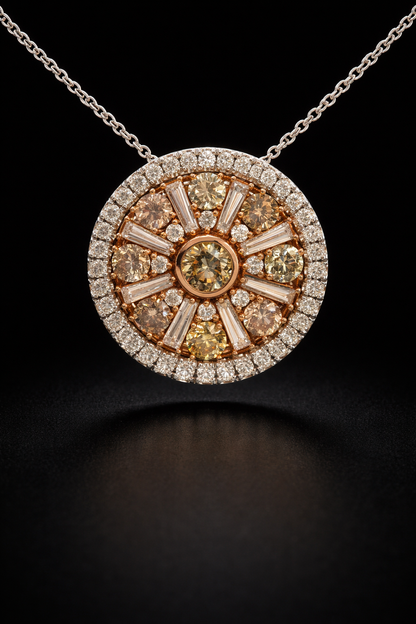 Natural Fancy Yellow Diamond Halo Medallion Pendant in Two-Tone Gold | Radiant Sunburst Design