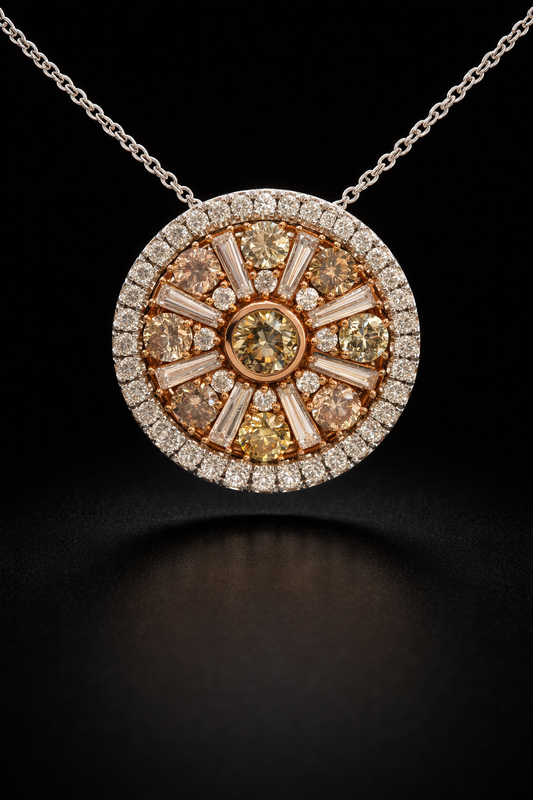 Natural Fancy Yellow Diamond Halo Medallion Pendant in Two-Tone Gold | Radiant Sunburst Design