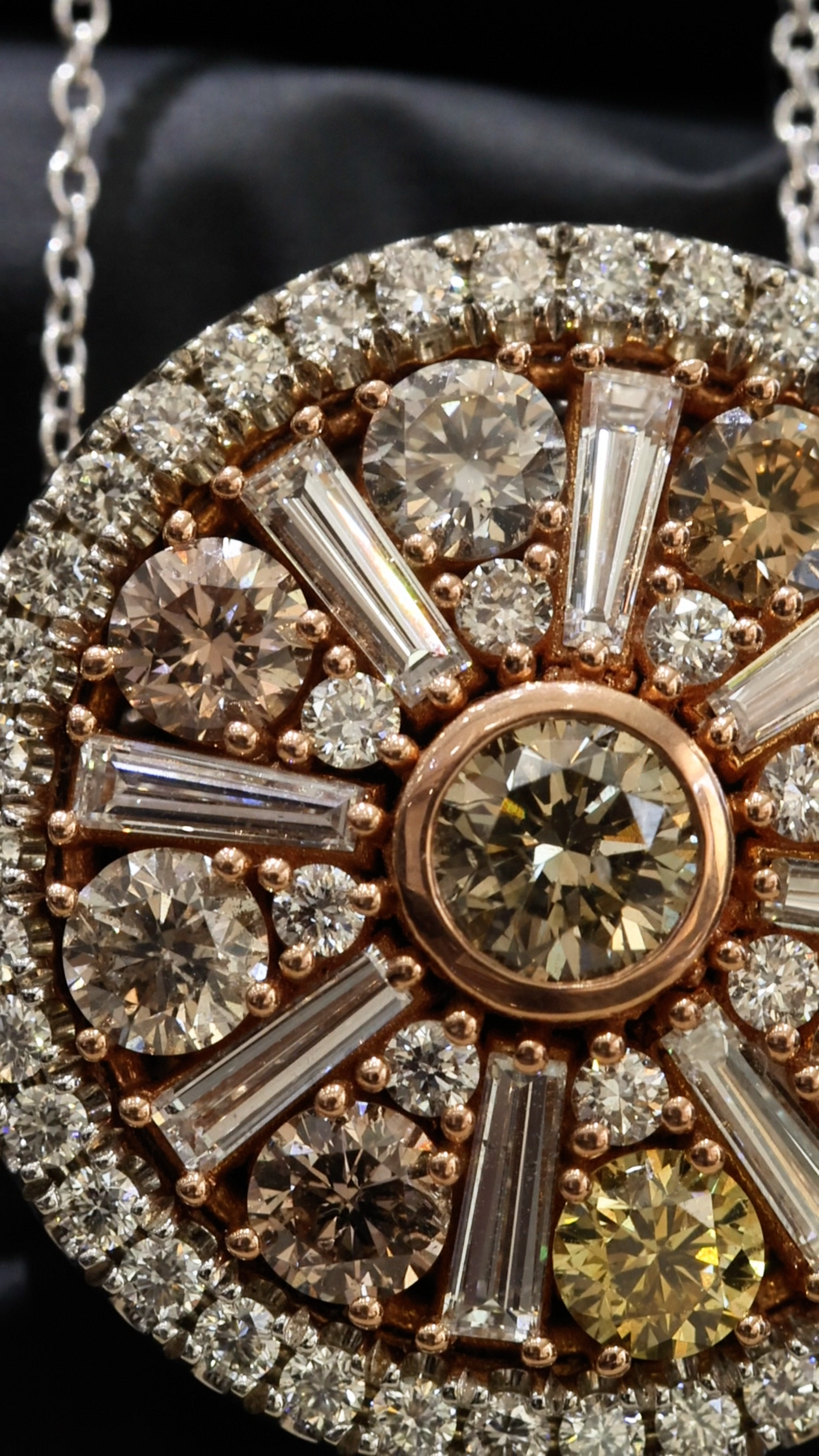 Natural Fancy Yellow Diamond Halo Medallion Pendant in Two-Tone Gold | Radiant Sunburst Design