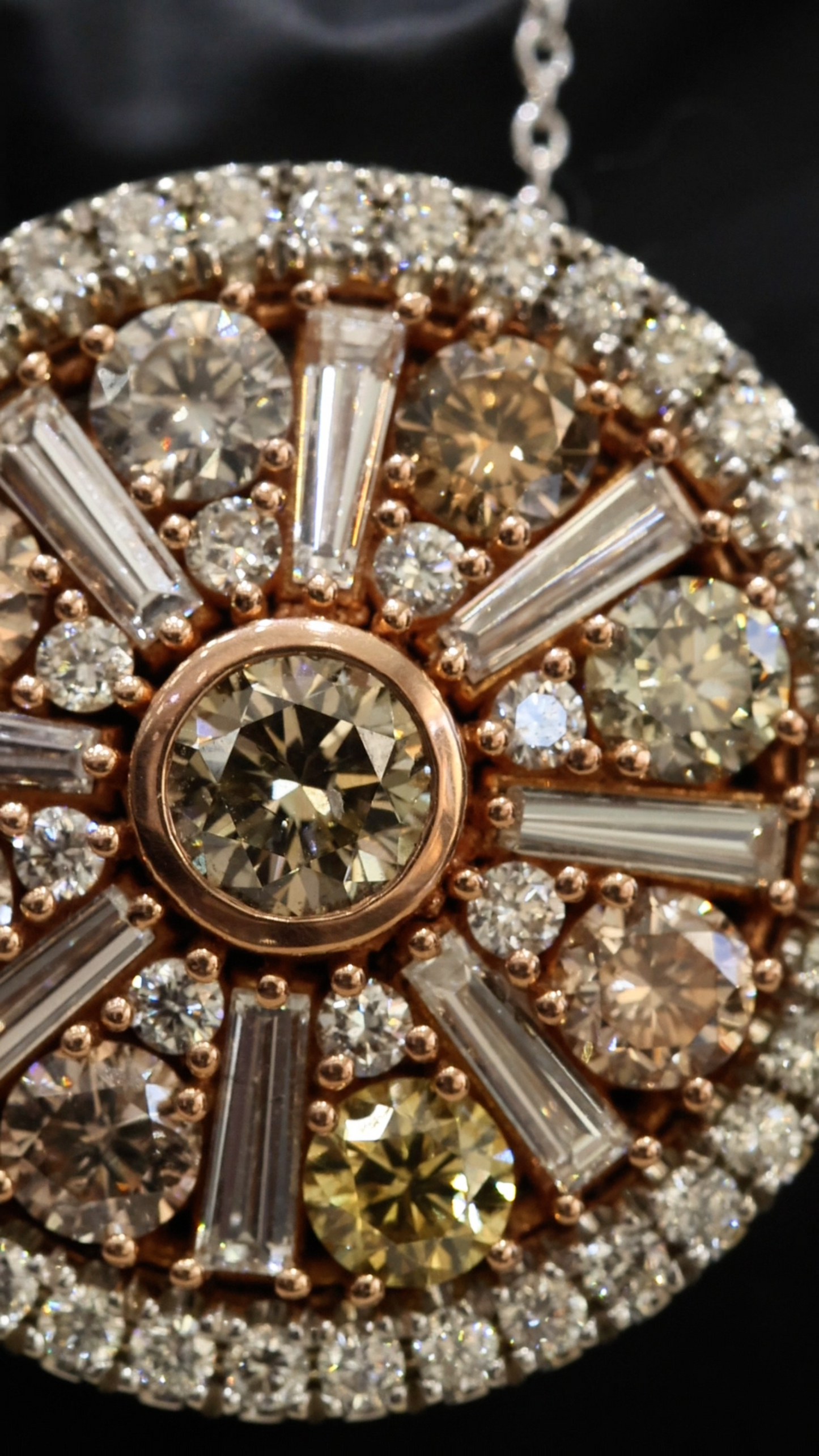Natural Fancy Yellow Diamond Halo Medallion Pendant in Two-Tone Gold | Radiant Sunburst Design