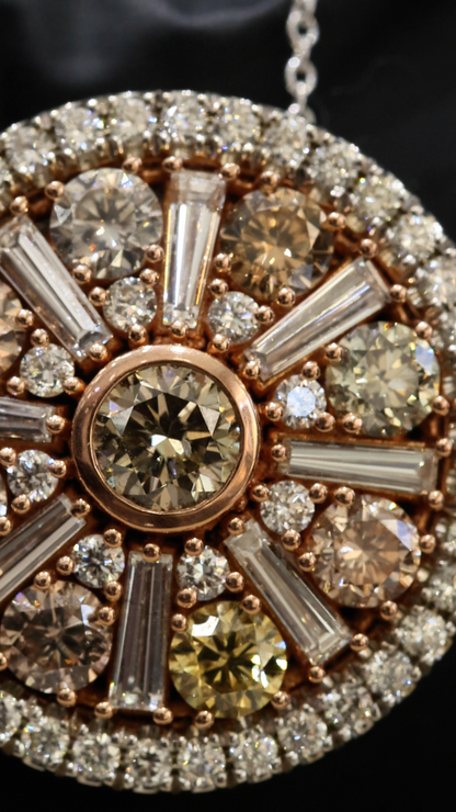 Natural Fancy Yellow Diamond Halo Medallion Pendant in Two-Tone Gold | Radiant Sunburst Design