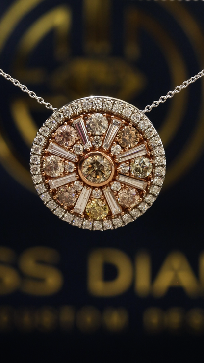 Natural Fancy Yellow Diamond Halo Medallion Pendant in Two-Tone Gold | Radiant Sunburst Design