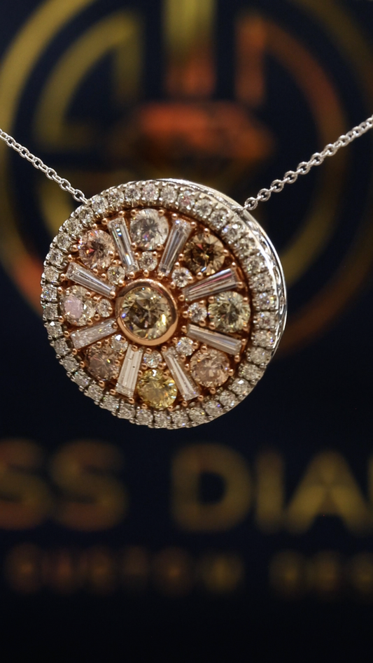 Natural Fancy Yellow Diamond Halo Medallion Pendant in Two-Tone Gold | Radiant Sunburst Design