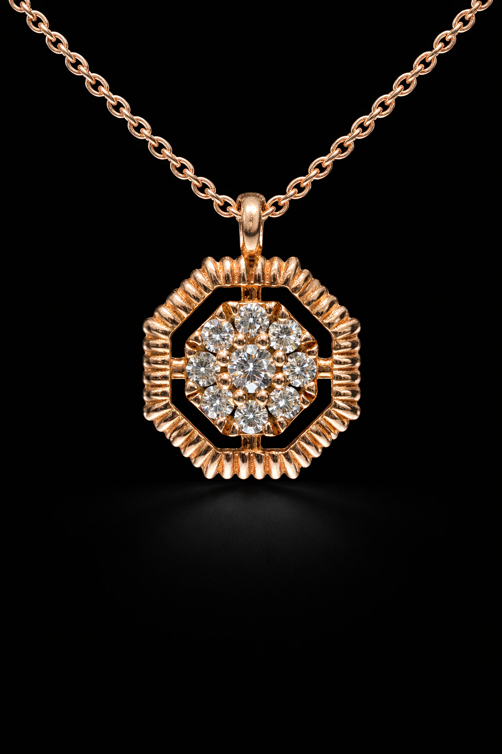 Natural Round Diamond Cluster Pendant Necklace in Rose Gold | Geometric Frame Design