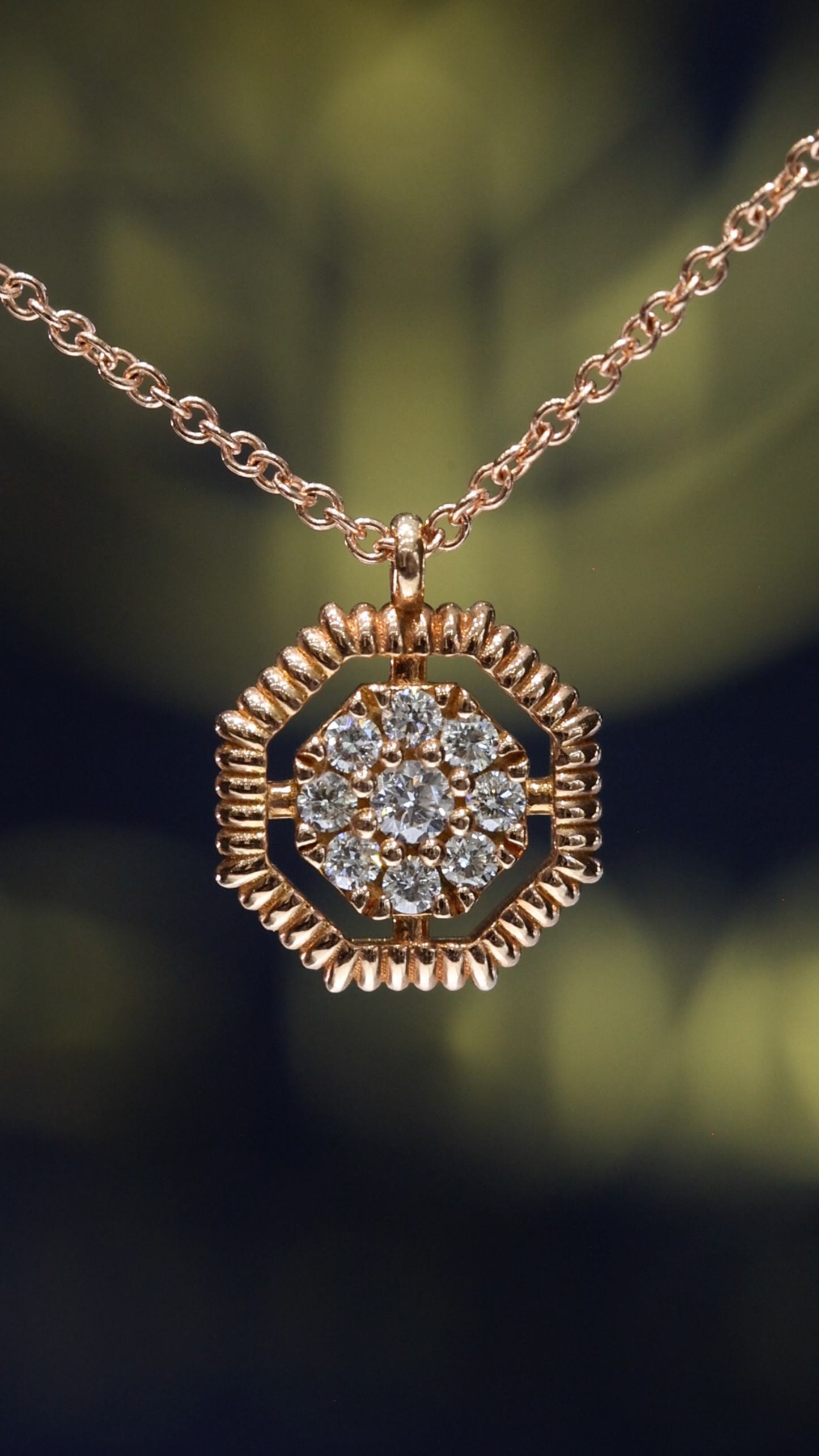 Natural Round Diamond Cluster Pendant Necklace in Rose Gold | Geometric Frame Design