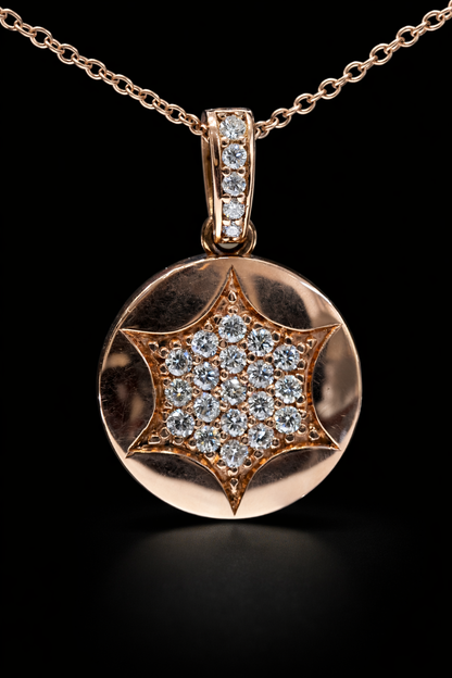 Round Pavé Diamond Starburst Necklace in Rose Gold | Modern Medallion Design