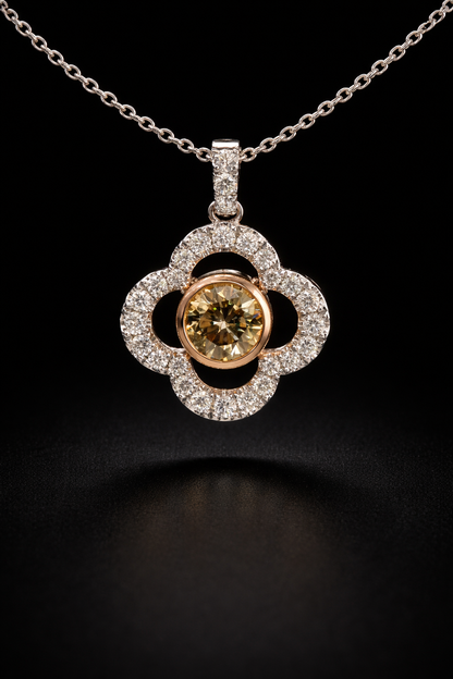 Natural Fancy Yellow Diamond Clover Halo Pendant in Rose & White Gold | Elegant Floral Design