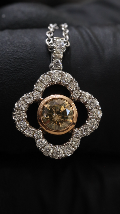 Natural Fancy Yellow Diamond Clover Halo Pendant in Rose & White Gold | Elegant Floral Design