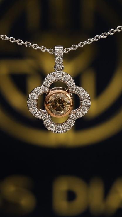 Natural Fancy Yellow Diamond Clover Halo Pendant in Rose & White Gold | Elegant Floral Design
