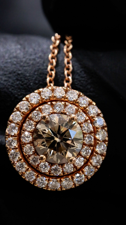 Natural Brown Round Diamond Double Halo Necklace in Rose Gold | Classic Halo Design