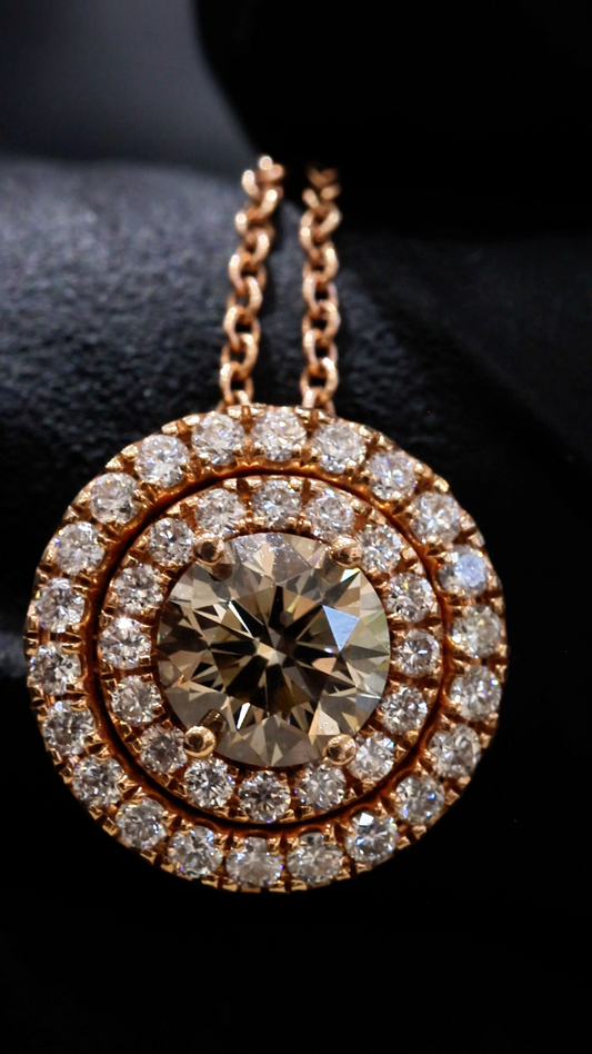 Natural Brown Round Diamond Double Halo Necklace in Rose Gold | Classic Halo Design