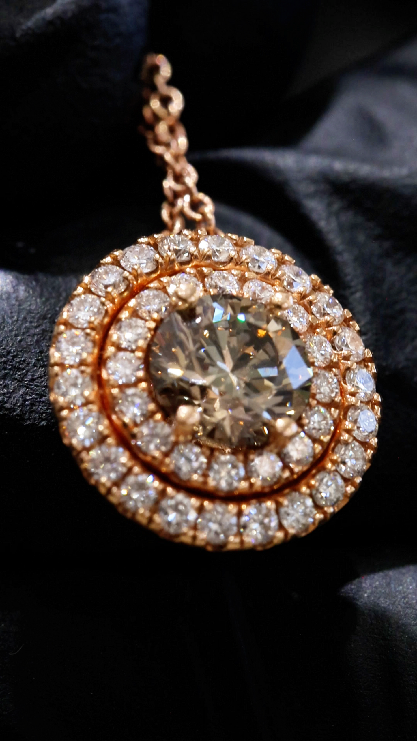 Natural Brown Round Diamond Double Halo Necklace in Rose Gold | Classic Halo Design