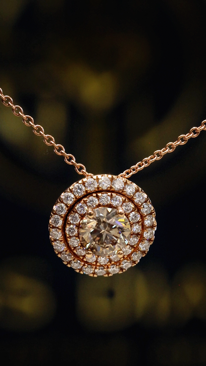 Natural Brown Round Diamond Double Halo Necklace in Rose Gold | Classic Halo Design