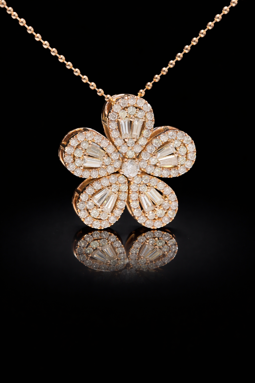 Natural Diamond Floral Pendant Necklace in Rose Gold | Vintage Petal Halo Design