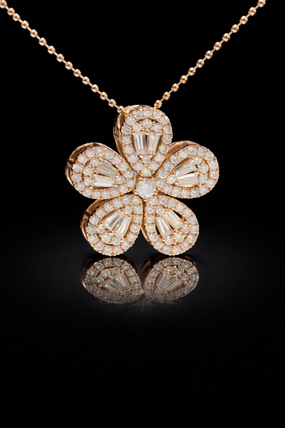 Natural Diamond Floral Pendant Necklace in Rose Gold | Vintage Petal Halo Design