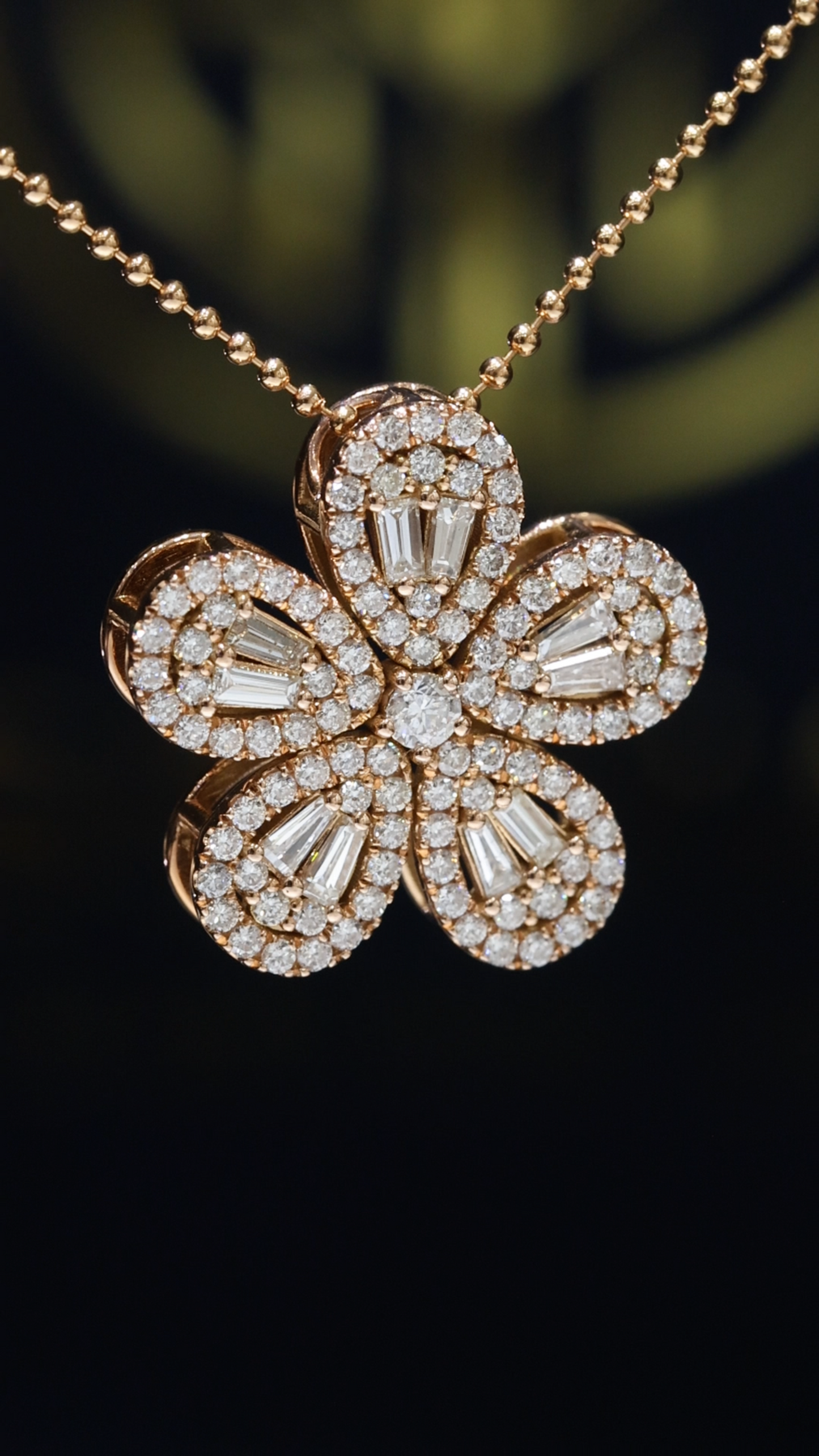 Natural Diamond Floral Pendant Necklace in Rose Gold | Vintage Petal Halo Design