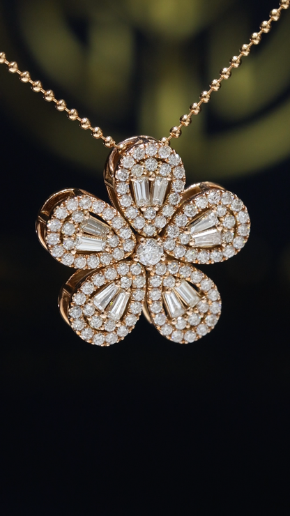 Natural Diamond Floral Pendant Necklace in Rose Gold | Vintage Petal Halo Design